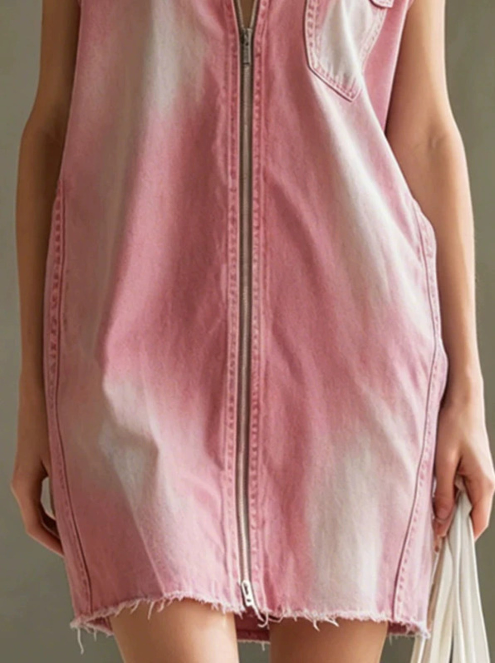 Dropshipping Pink Collared Zip Pocket Sleeveless Denim Mini Dress